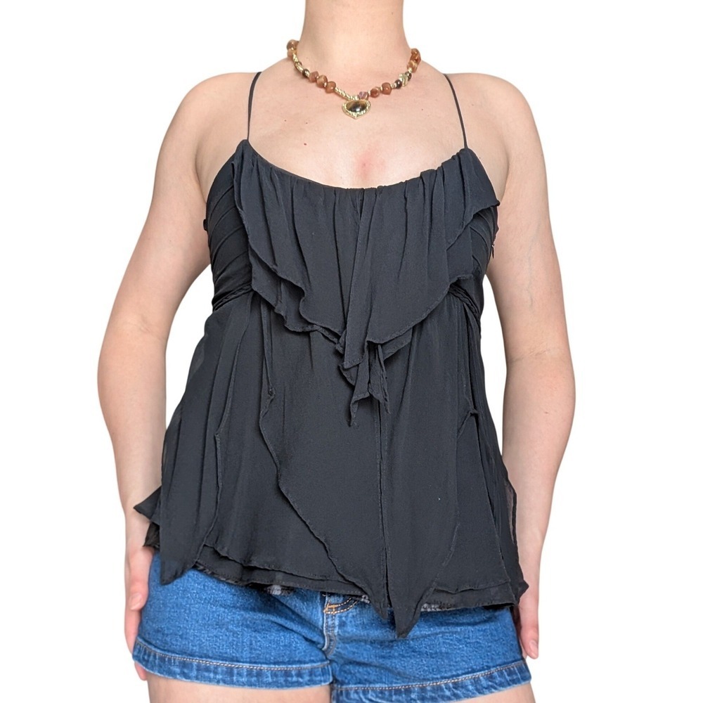 Kenar Vintage 90s Party Top Euro Summer Whimsical Draping Ruffle Silk Tank Top